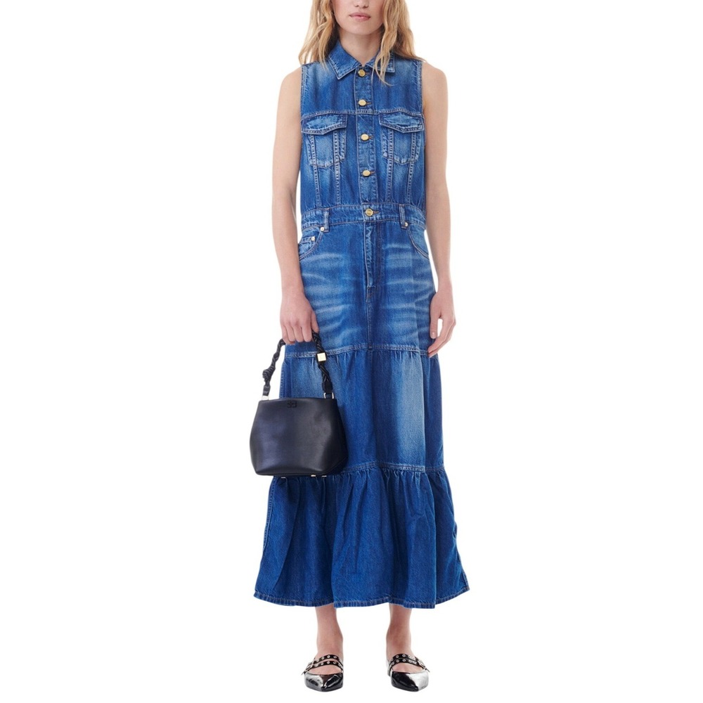 NWT GANNI Tiered Sleeveless Denim Midi Dress in Mid Blue Vintage. Size 4